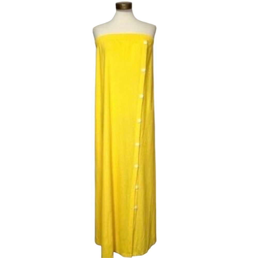 Vintage Sears Yellow Terry Cloth Strapless Maxi Dress Button Front Large 70s